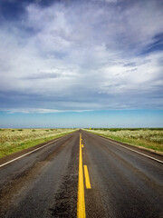 Fototapeta na wymiar Blacktop Road View to Vanishing Point on the Horizon under a Cloudy Blue Sky in the Country