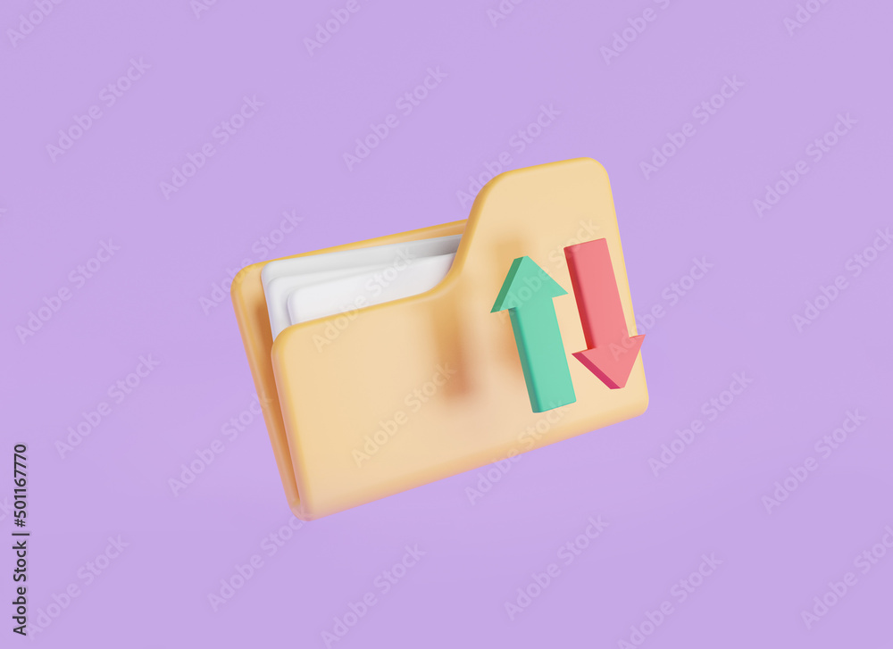 Poster file transfer concept. yellow folder with files and arrow. file sharing or sending document, documen