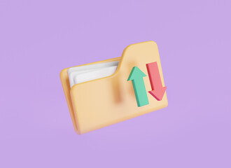 File transfer concept. Yellow folder with files and arrow. File sharing or sending document, documents management, data storage, Copy files, data exchange. 3D icon rendering illustration