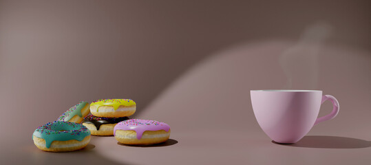 Colorful donuts and coffee 3d render