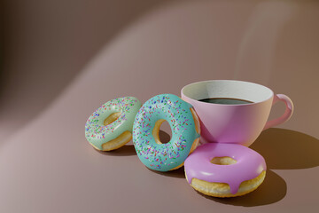 Fototapeta na wymiar Colorful donuts and coffee 3d render