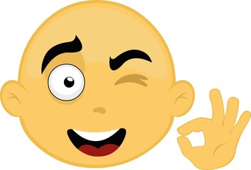 Vector illustration of the face of a bald cartoon character, yellow in color, making an ok or perfect gesture with his hand and winking an eye

