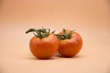 Racimo de tomates ecologicos recien cosechados en fondo blanco