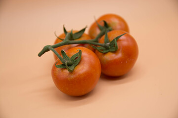 Racimo de tomates ecologicos recien cosechados en fondo blanco