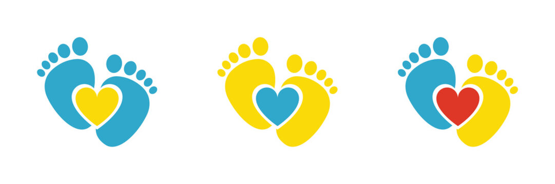 Heart icon of baby foot barefoot. Ukrainian flan color. Set.