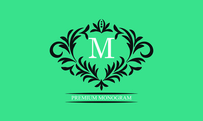 Decorative frame with the letter M. Luxurious pattern. Decorative elements for registration of trademarks, logos, invitations, hotels, shops, heraldry.