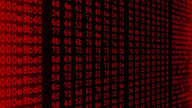 A close-up view of random computerized digits and lower-case letters scrolling continuously on a screen, in red color - seamless looping.