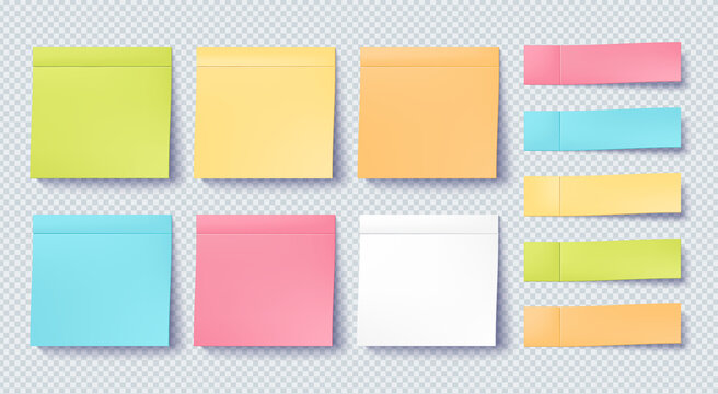 Post note sticker set isolated on transparent background. Paper sticky tape with shadow. Vector office color post note sticks for advertising design.