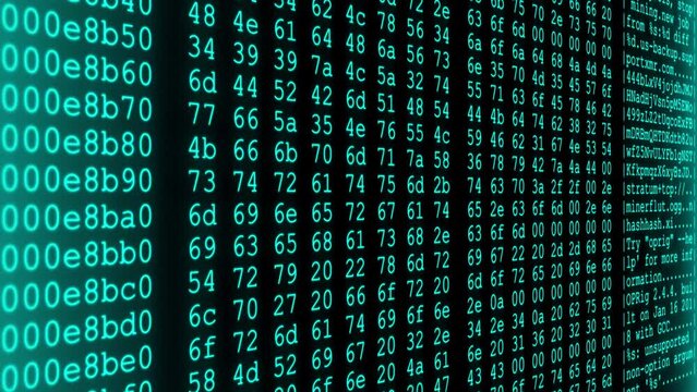 A close-up view of random computerized digits and lower-case letters scrolling continuously on a screen, in cyan color - seamless looping.