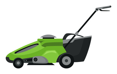 Lawn mower machine in green color. Trimming, pruning and cutting grass electric or petrol mower work tool for garden. Flat cartoon icon isolated on white background