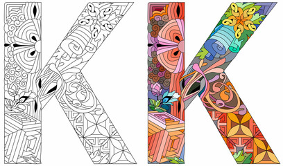 Letter K monogram for coloring, engraving design. Vector illustration. Color and outline set