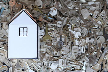 A white mockup house is placed on a blurred background of many keys to illustrate the security...