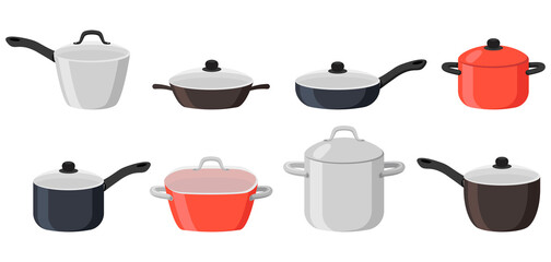 Frying pans and saucepans cartoon illustration set. Metal cooking pots with lid of different sizes, stainless utensils for making soup or boiling water. Household, kitchen concept - obrazy, fototapety, plakaty