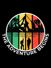 The adventure begins vector design illustration, mountains with river and two mans