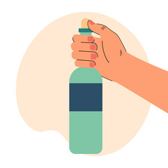 Hand holding glass bottle of alcoholic drink. Person with beverage flat vector illustration. Alcohol, celebration, drinking problem concept for banner, website design or landing web page