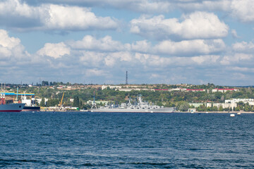 Sevastopol, Crimea / Ukraine, August 13, 2012. Russian Black Sea Navy flagship class Slava cruiser "Moskva" in the Sevastopol Bay, Crimea