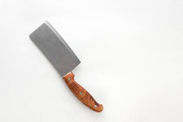 Chef's kitchen knife on white background. Top view. Free space for your text. Creative layout. Chef, restaurant or kitchen concept.