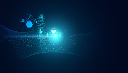 Abstract health science consist health icons and speed wave digital technology concept modern medical on hi tech future blue background.