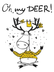 Rolgordijnen Vector card with cute hipster deer and hand drawn text - Oh, my deer © virinaflora