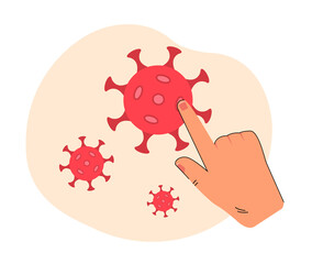 Hand pointing on coronavirus cells flying in air. Person showing need for protection and prevention flat vector illustration. Medical news concept for banner, website design or landing web page