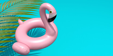 Summer festive blue background. Pink flamingo inflatable toy and palm tree. 3d rendering illustration.