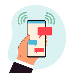 Hand holding cellphone with messaging app. Blank speech bubbles on screen flat vector illustration. Communication, internet, technology concept for banner, website design or landing web page