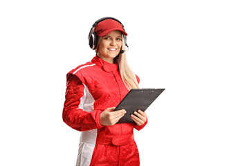 Female race team member writing a document