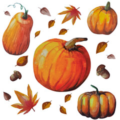 autumn set with pumpkins and dead leaves and acorns, watercolor illustration