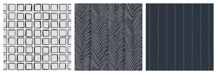 Smart masculine seamless pattern set. Monochrome, shades of grey colour backgrounds with line, square and herringbone designs.
