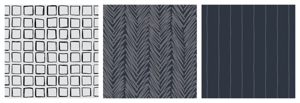 Smart masculine seamless pattern set. Monochrome, shades of grey colour backgrounds with line, square and herringbone designs.