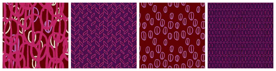 Coffee bean seamless pattern set. Colorful abstract background for product packaging, eye catching banner background in lilac, purple, pink colours.