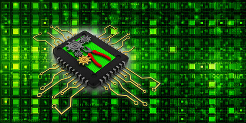 3d rendering microchips with gear and cutting player
