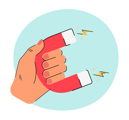 Hand holding horseshoe magnet. Person attracting inbound money investment and ideas flat vector illustration. Marketing technology, physics concept for banner, website design or landing web page