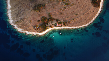 High aerial drone view of Adriatic sea scape at summertime season.