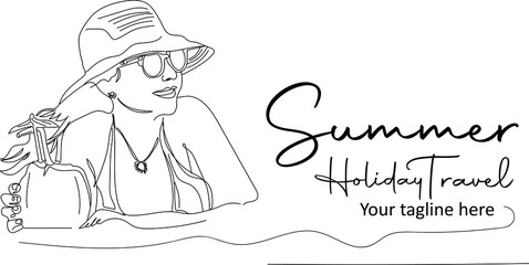 outline sketch drawing of young woman wearing bikini hat and sunglasses and holding coconut at cool beach in summer vacation, Summer Travel logo