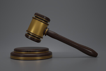 3D render Judge hammer icon law gavel. A wooden judge gavel with stand on gray background. Auction court hammer bid authority symbol, side view Law concept. 3d rendering illustration.