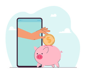Hand from phone throwing dollar coin into piggy bank. Person donating money, investing online flat vector illustration. Savings, charity concept for banner, website design or landing web page