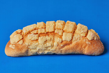 Homemade and traditional sweet bread from Oaxaca. Lunch food. On vibrant blue background. Mexican sweet bread. rich posts.