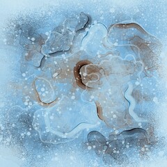Abstract fluid snow art with stains, splashes, and sparkling on a blue background 