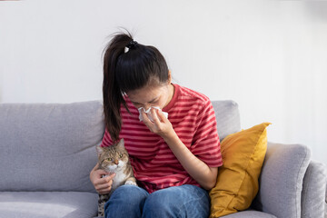 Obraz na płótnie Canvas Asian Woman Sneezing While Cuddle Her Cat on Sofa Suffer From Cat Fur Allergy