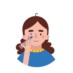 Girl applies eye cream, face skin care routine, cartoon style character