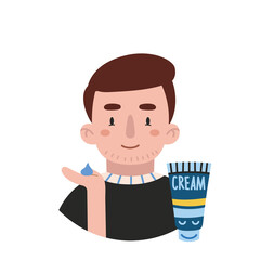 Boy applies day or night cream, face skin care routine, cartoon style character