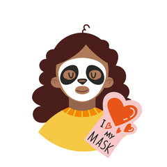 African American girl applies sheet mask, face skin care routine, cartoon style character