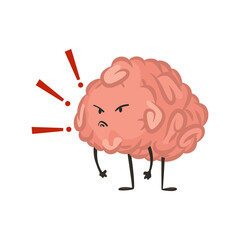 Brain character emotion. Intelligence emoji is angry. Cute hero brain emoji isolated on white background. Funny cartoon emoticon
