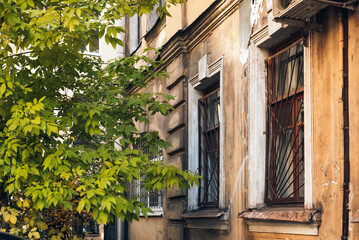 wall of a house with windows with rusty bars next to a sprawling green tree