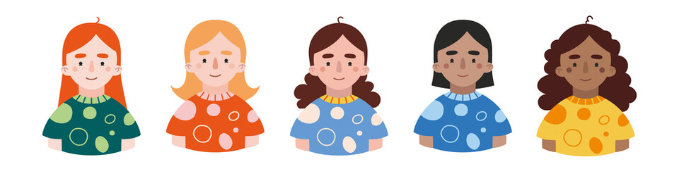 Avatars of multi ethnic girls: European, Korean, Indian, African-American, Scandinavian, diversity concept.