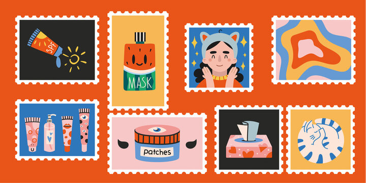 Set of cute hand-drawn post stamps, funny characters and cosmetic products.