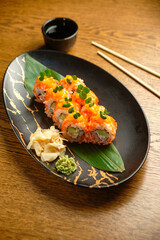 A set of fresh sushi rolls with salmon