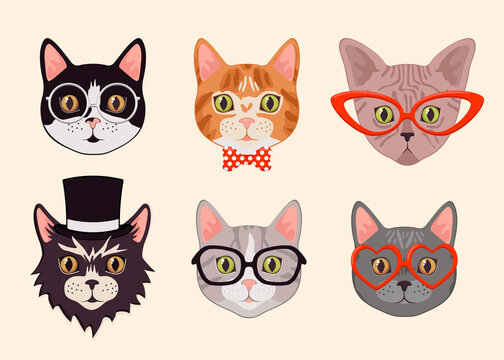 Cute cat heads with glasses and hats cartoon illustration set. Stylish animal faces or muzzles. Hipster kittens wearing modern or trendy accessories. Pet, fashion concept