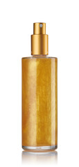 Golden mist in a glass jar, cosmetic for skin toning. Shimmering light for the body.